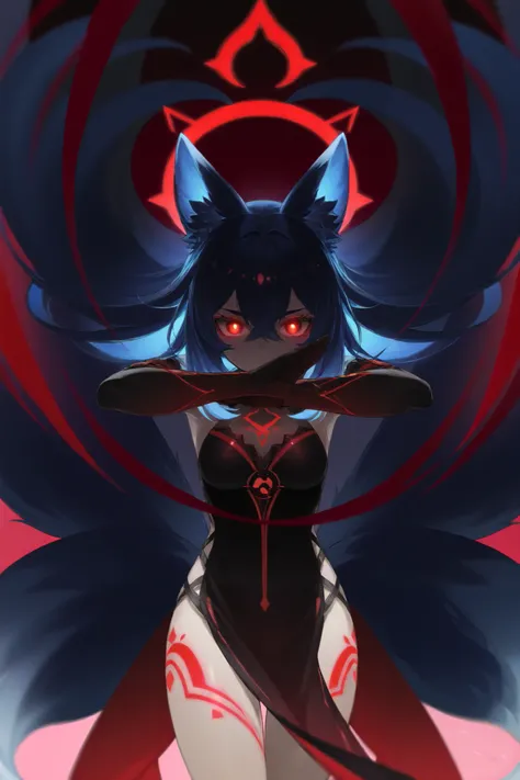  fox ears、Dark blue hair、 long hair、Fox Tail、Dos black red eyes、フード付きFeather毛Feather衣、 best thighs、 Genshin、Feather、Swarm of crows、Red spear 、Halo、 beautiful skin、Clear shadows、Glowing Hair、 glowing eyes、Glowing Tattoos