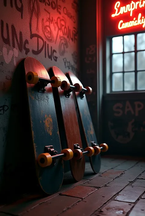  A scene in the chiarouro painting style of Impressionist Caravaggio, 3 skateboards leaning against the wall of a clean rock bar with the walls graffiti with tags