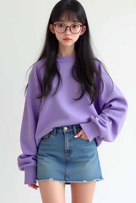 Create a Chinese girl with round eyes, flat nose, sharp jawline, full body picture, with purple sweater and micro denim skirt, long hair with bangs and round brown glasses 