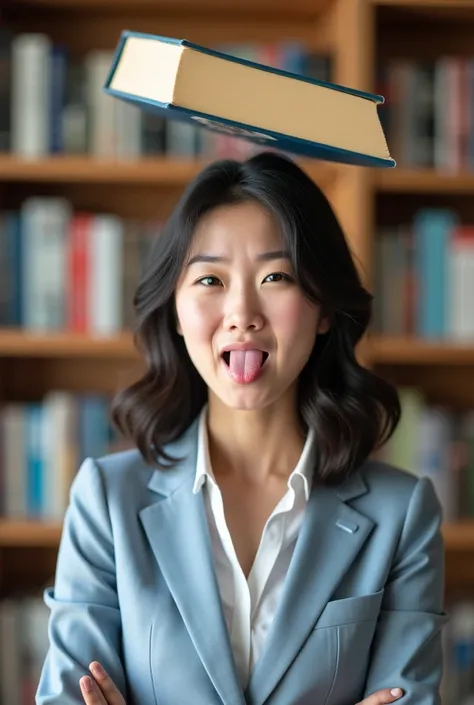 Make a young, cute, attractive eastern asian woman in an office outfit get hit in the head by a falling book from a bookshelf. Her reaction to that is making a silly face with crossed eyes and tongue sticking out of her mouth. 