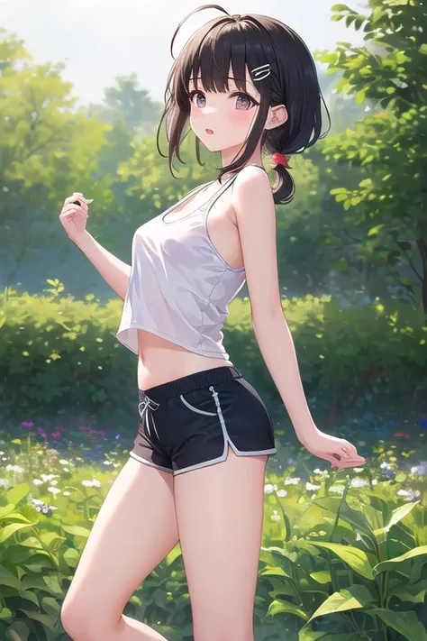 ((top quality)), ((masterpiece)), (Details),  1 girl。blunt bangs。Short Hair。 braided ponytail。ahoge。Cute hair clip。 look so young。 small breasts。(moving composition)。 tank top。 shorts with an oblique image。garden。