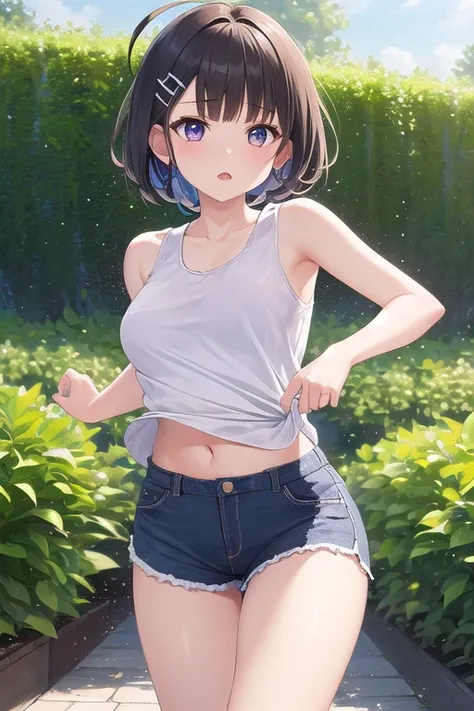 ((top quality)), ((masterpiece)), (Details),  1 girl。blunt bangs。Short Hair。 braided ponytail。ahoge。Cute hair clip。 look so young。 small breasts。(moving composition)。 tank top。 shorts with an oblique image。garden。