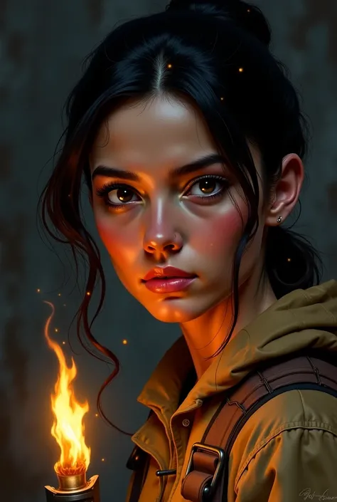 Face of an explorer woman with black hair with a torch in her hand realistic drawing