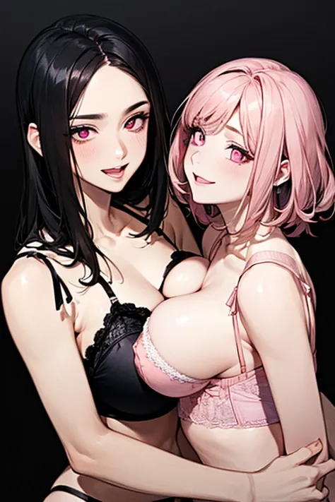 (((sexy pink lingerie)))), (((sexy pink underwear)))),Very detailed、highest quality、Best image quality、masterpiece、8k、Anime Face、A kind smile、Open Mouth、((black middle hair:1.5))、big breast, sexy、 beautiful body 、Cowboy Shot, Sexual Intercourse, ((pink eye...