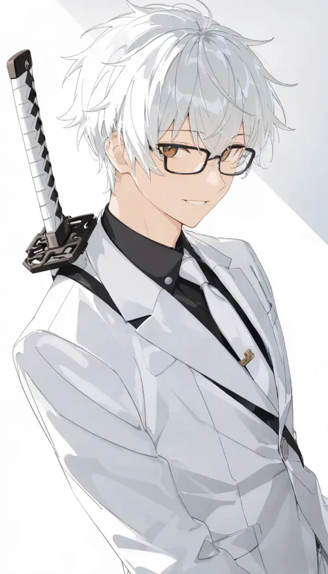 (masterpiece, best quality:1.2), absurdres, 1boy, roblox character, white hair, black framed glasses, white suit, white tie, white katana on back, anime style, clean lineart, solid background, smiling, brown eyes, wireframe tophat;