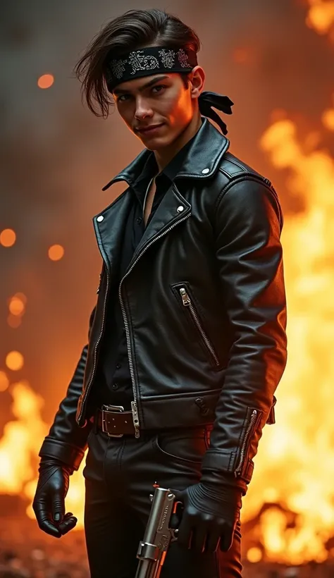  A young man in black leather ,  leather gloves, Leader Hose, leather riding boots , mischievous face grin,  bandana headband , with flames in the background, a pistol in the right fist 