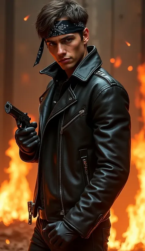  A young man in black leather ,  leather gloves, Leader Hose, leather riding boots , spiteful smile on the face,  bandana headband , with flames in the background, a pistol in the right fist 