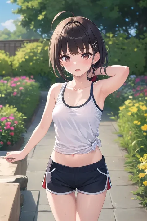 ((top quality)), ((masterpiece)), (Details),  1 girl。blunt bangs。Short Hair。 braided ponytail。ahoge。Cute hair clip。 look so young。 small breasts。(moving composition)。 tank top。 shorts with an oblique image。garden。sweat。Organize movement。