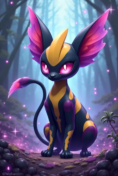  Ambreon's mix with Mewtwo . The colors are yellow , black,  purple,  pink and blue .  They look magical and have magical powers.  They look dangerous .  They don't look like real animals . undefined, undefined, 