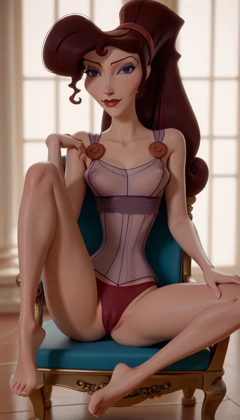 score_9, score_8_up, score_7_up,
Disney megara, 1girl, brown hair, purple eyes, ponytail, long hair, looking at viewer, portrait, sexy see through black corset, red  panties, sitting on chair, open legs, cameltoe, barefoot, Disney 3D render, ballroom.