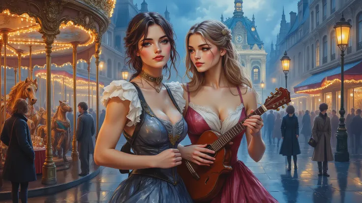 Twilight, lanterns, evening, In the foreground are two beautiful girls - a brunette and a blonde, they each play their own guitar, they look at the camera, dressed as decent ladies dressed in the 19th century, in the background is a carousel with horses an...