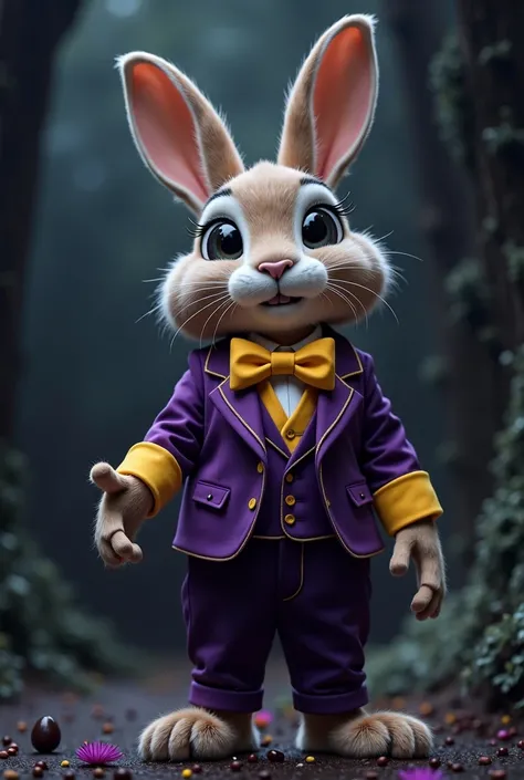 Happy Easter bunny with a redder burgundy suit and yellow details inviting you to come in calling with the happiest hand