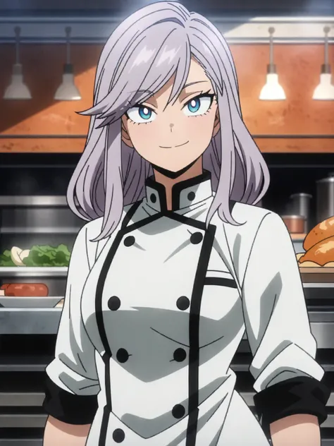 (masterpiece, best quality, anime, anime coloring:1.3, superhigh resolution). ((Normal civillian, small smile, calm, purple straight hair, Female)). ((Wearing professional chef uniform)). Cooking tv show stage background, colorfull.

My Hero Academia chara...