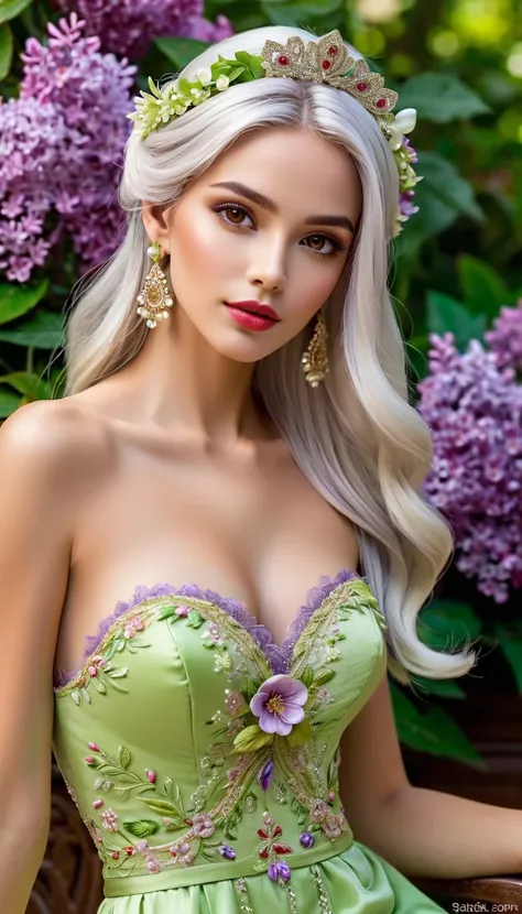 A charming European woman, with a perfect face, with cascade silver hair and realistic brown eyes, which wears elegantly intricately decorated lime dress, decorated with a delicate lilac flower embroidery and pure accents. It radiates a combination of attr...