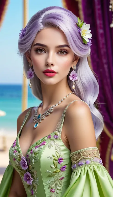 A charming European woman, with a perfect face, with cascade silver hair and realistic brown eyes, which wears elegantly intricately decorated lime dress, decorated with a delicate lilac flower embroidery and pure accents. It radiates a combination of attr...