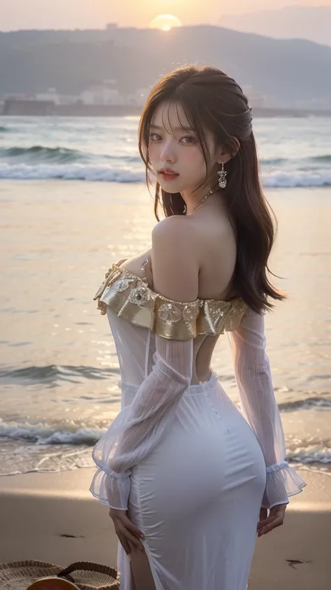 A breathtakingly beautiful young woman stands seductively by the shore, her body bathed in the golden glow of the setting sun. She wears an ethereal, sheer silk gown that clings to her curves, the delicate fabric almost translucent as it catches the light....