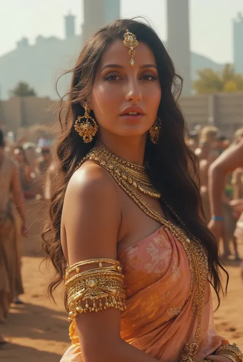 a naked married woman nora fatehi wearing heavy jewelries and indian makup and sindoor, bindi, sluttry pose, slim hourglass figure, natural large tight breast, holding dildos in hand,  in battleground destroyed city