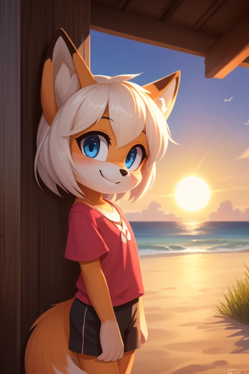 From the outside, a wonderful work as soon as two clothes have a fox with a tail of a short white hair, as soon as the blond, this is a beautiful young blue eyes, a very detailed smile, the best quality of the sun 