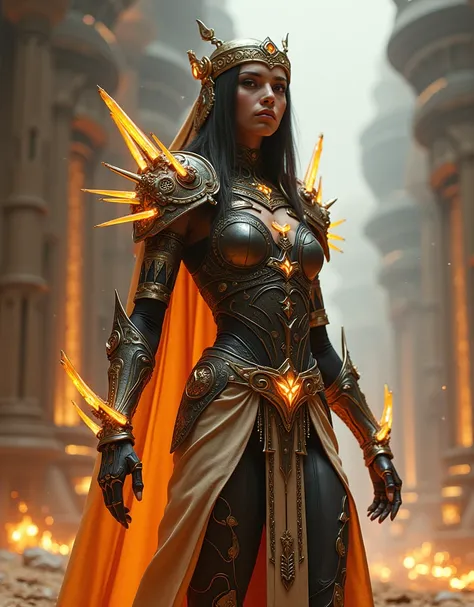 setting warfare mage in battle-regalia, full body action portrait, Paleofuturistic-Egyptian-Magespace-Warrior with her arcane instruments around her kha body, mounted on her shoulders, integrated with her spine, she is a field-effect weapon, as her mind be...