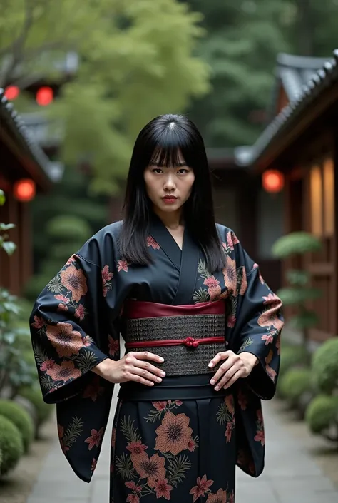 "A 25-year-old Japanese woman,  with straight black hair and intense eyes ,  wearing a traditional kimono in dark colors with bold patterns .  She is standing in a Zen garden ,  with her hands on her hips and a challenging expression .  The background comb...