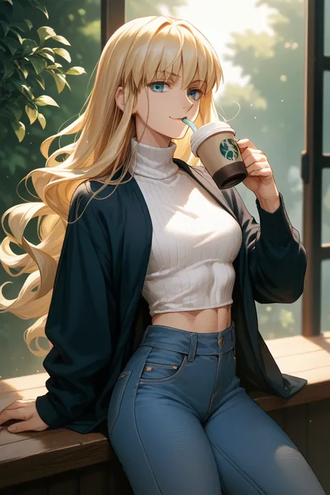 Saber from Fate Stay Night, gentle smile, confident look, long open blonde hair, long flowing hair, athletic physique, muscular, toned body, wearing white turtleneck, denim jeans, drinking warm coffee, looking at viewer