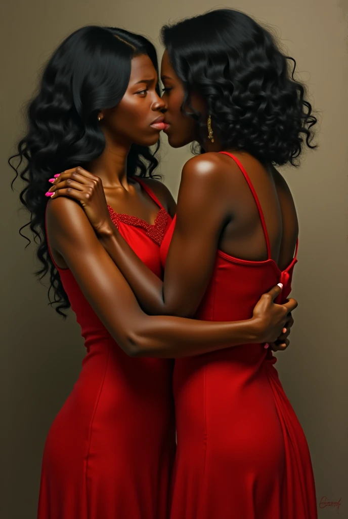 The young black woman kisses the lady in red