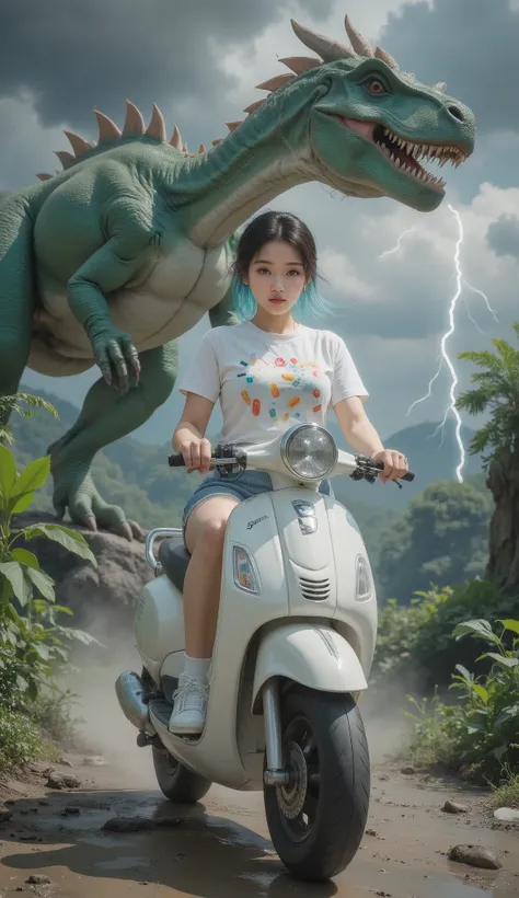 20-year-old Javanese girl . Fairly round face . beautiful face. Brown Skin . short hair. bright blue hair. blue eyes . white shirt with capsules written on it . looks like Dragon Ball Bulma . riding a floating futuristic scooter . The backgro...