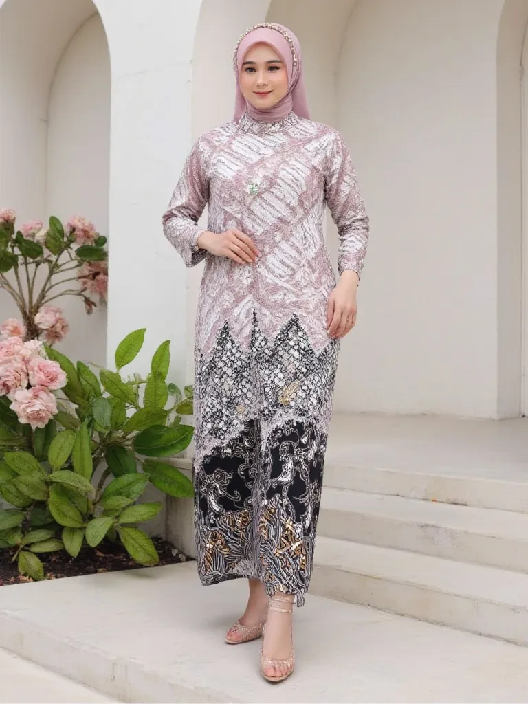 full body, a young beautiful woman wearing a white batik kebaya patterned in gold color ,indonesia. standing in an outdoor environment against the background of a building .  The person is wearing a long black and white cloth with a silver white top, which...