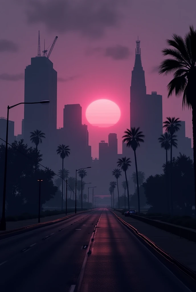 Je veux une ville, celle de Los Santos dans gta5. On y apercoit juste la silhouette des batiments noir intense. Le coucher de soleil est gris et l'atmosphère est gris. Il y'a quelques effets violets et on y apercoit en contreplongée un palmier noir