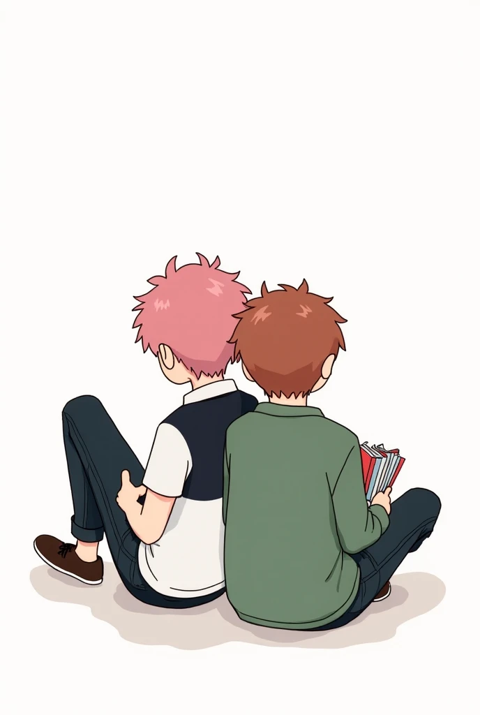  illustration drawing of two boys sitting with their backs to each other,  one has pink hair and a black and white polo shirt ,  black jeans. His leg is raised .  The second boy has reddish brown hair and is shorter ,  he has a green sweatshirt and books i...