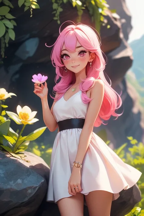 Perfect face. Perfect hands. A pink haired woman with violet eyes in a white and black dress is smiling while playing with a flower by a cliff
