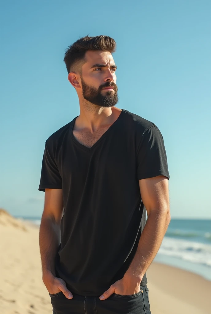 Cree moi une jeunne homme avec un peur de barbe qui regarde vers la droite avec la camera qui le film de coter avec une chemise ouverte avec un tee shirt noir en dessou et il doit etre debout dans le sable  avec un coupe de cheveux du style coupe casquette...