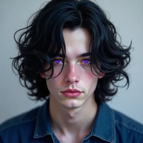 A young boy aged 16-18, White-skinned Caucasian,  long hair, wavy and black as night that go beyond your shoulders, eyes with purple irises and wearing a petrol blue shirt 