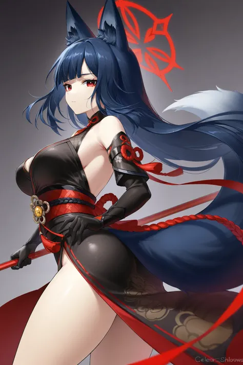  fox ears、Dark blue hair、 long hair、Fox Tail、Dos black red eyes、フード付きFeather毛Feather衣、 best thighs、 Genshin、Feather、Swarm of crows、Red spear 、Halo、 beautiful skin、Clear shadows、 Crystals、Onigiri