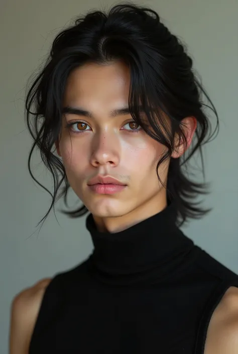 19-year-old man with brown eyes,  fair skin , no beard, long black hair slightly wavy half tied wearing black high-neck tank top