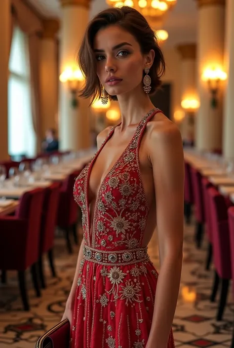 Draw a woman with model Victoria Turner’s face and she is wearing a fancy Balmain style dress standing in the hall of luxury restaurant with a handbag in her hand 