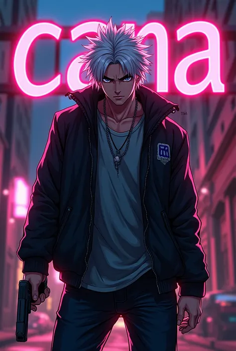 krozz , anime, Cartoon, gta, Cover for live,  white hair, estlo, word "cana"  written on the image , man,  gun in the hand Mandrake style.