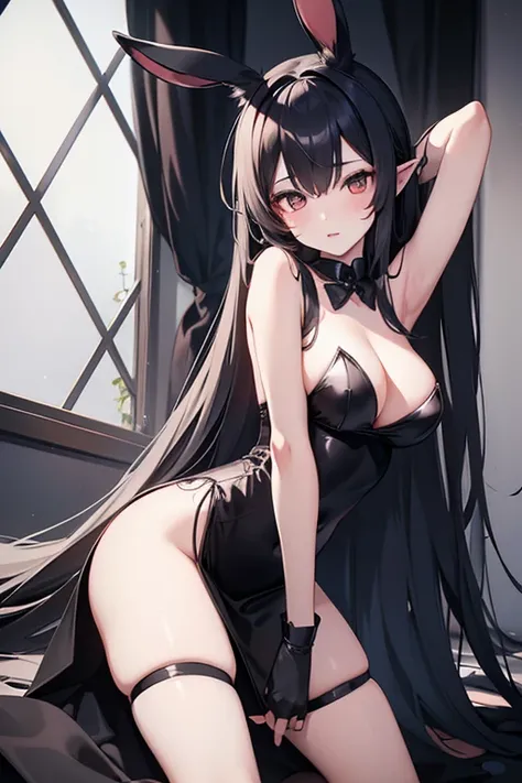 alone girl,  sensual and provocative,  girl rabbit, ears and white tail ,  wearing a long black dress (sexy and very provocative ),  anime style 