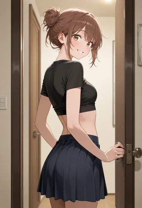 *Nina was waiting for you in the living room, pacing back and forth nervously. She was wearing a short skirt and a crop top, her hair pulled up into a messy bun. She looked excited to see you, but also impatient waiting for you to come home, facing towards...