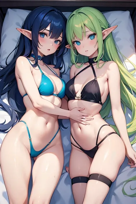 two girls together,  Sensual and provocative , Elf, wearing a semitransparent swimsuit, therefore (sexy and very provocative ),  anime style,  in bed, lesbians,  correct anatomy 