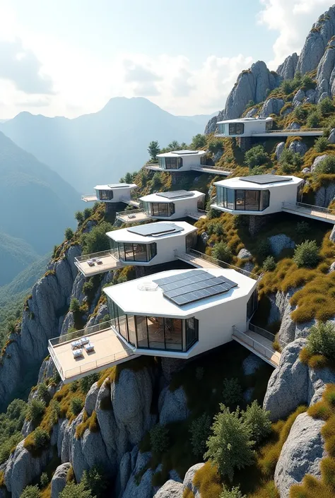  Set of futuristic housing structures ,  built on a rocky slope in a mountainous area .  The architectural design is modern and minimalist ,  with a focus on sustainability and integration with the natural environment .
 architectural elements :
 * housing...