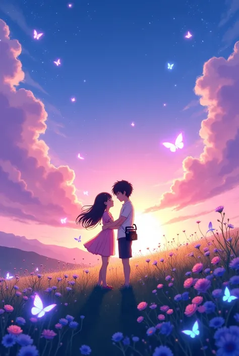 
"A dreamy anime-style illustration of a young couple standing on a grassy hillside at twilight, gazing into each other's eyes as the sky glows with hues of pink, purple, and blue. The setting sun casts a golden light over the horizon, blending seamlessly ...