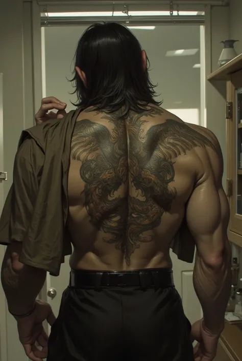 40 years old,  back view , male, 1 person,  with black hair , Dubbuck Head , Live action picture , Scratching the back, Geogu's office,  muscular body, A tattoo depicting a dragon on the back, The back of the back can be seen,  back view 이 보이는 앵글,  has lon...