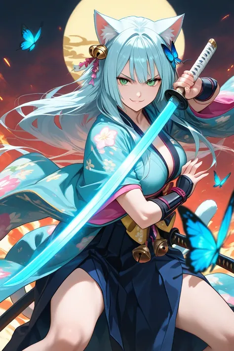 cat girl,light blue long hair, green eyes,bell hair accessory,cat tail, Japanese kimono, smirk,katana,boobs,fighting stance, blue butterfly effect