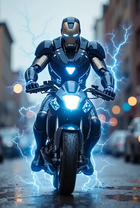 "A next-generation Ironman suit capable of harnessing the power of the elements. The armor is made from an ultra-lightweight, indestructible alloy, infused with artificial storm energy. The design features pulsating blue and white lightning streaks running...