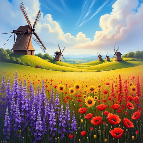 A breathtaking oil painting of a vast, sunlit meadow bursting with wildflowers, painted in rich, expressive brushstrokes. The field is a vibrant sea of deep purple lavender, fiery red poppies, and golden sunflowers, their petals rendered with thick, textur...