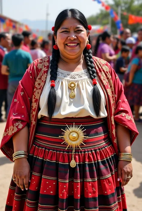 48-year-old Bolivian woman, Saggy very obese morbidly ,  slightly neglected and worn skin without makeup ,  her face already has many wrinkles due to age and lack of dermatological care , very dark skin,  straight black hair,     She wears a wide multi-lay...