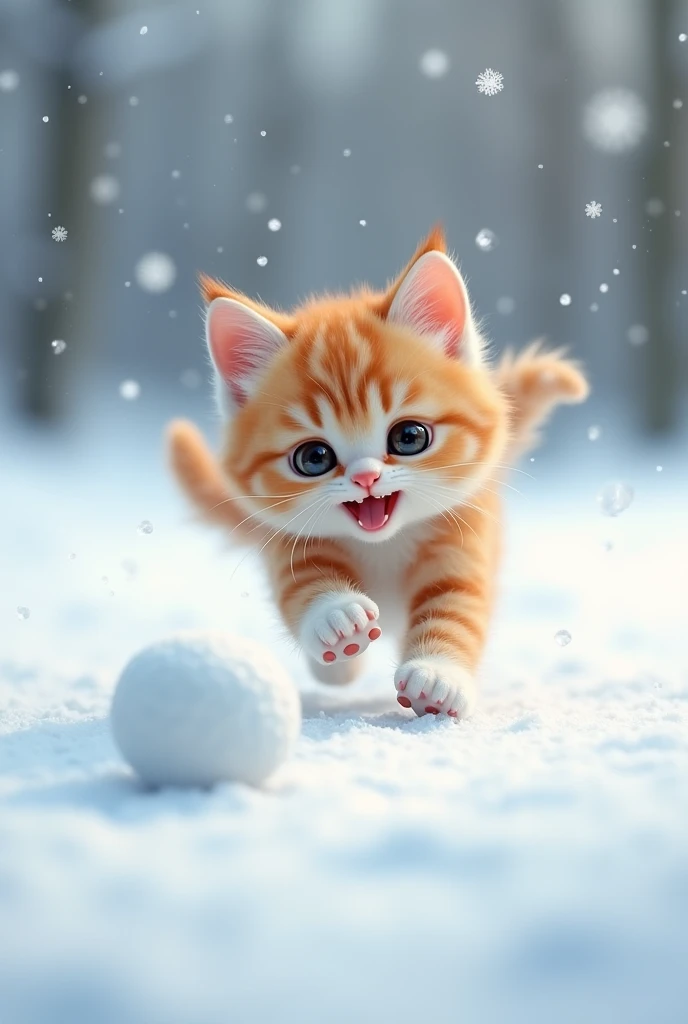 Snowball Chase

The kitten playfully bats at a small snowball, sending it rolling across the snowy ground. She pounces after it, her fluffy tail swishing, her eyes filled with pure joy.
