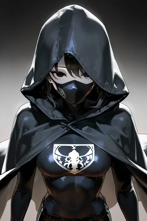 ( Masterpiece : 1.2), (    very detailed: 1.2), (    very detailed CG: 1.2), (    HD: 1.2), (Most    HD), 8k, 1girl, superhero girl, all black attire, bodysuit shorts, half body cloak, half upper-face mask, oversized hood, wide lifeless doe eyes, short fac...