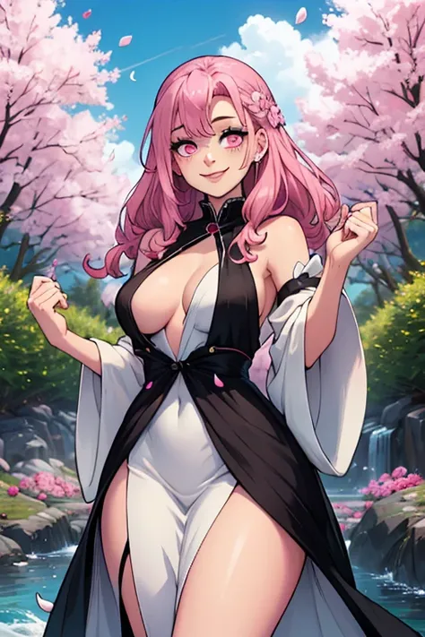 Perfect face. Perfect hands. A pink haired woman with violet eyes with an hourglass figure in a white and black dress is smiling while standing in a flurry of peony petals by a cliff
